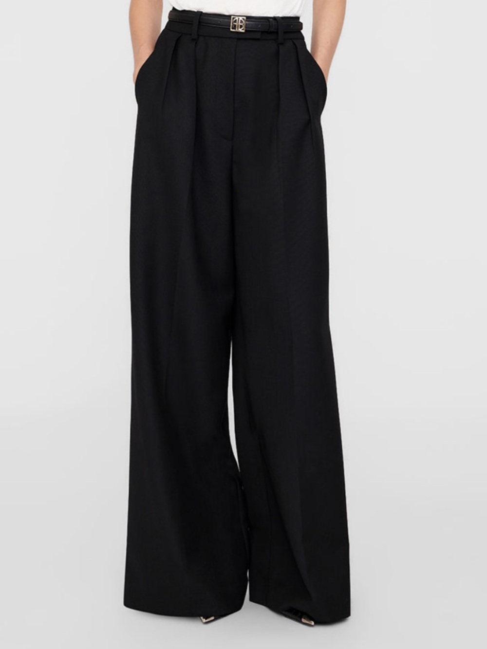 Anine Bing Black Wide-Leg High-Waist Trousers Lou.